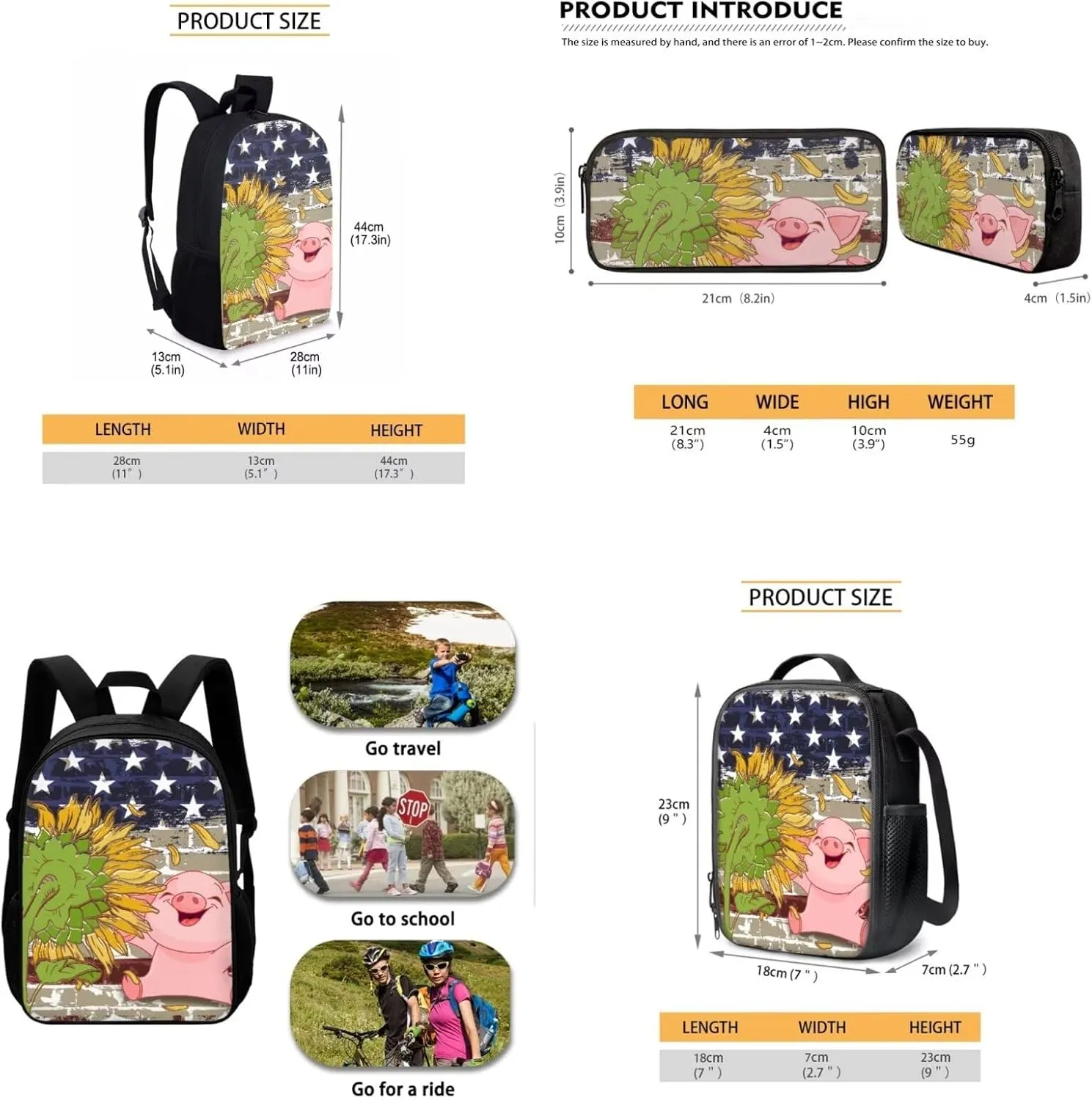 Mumeson Cartoon Pig Sunflower Backpack Bookbag Set Back to School Supplies 3 Pieces Set 17 Inch Kids Backpack 17 Inch School Backpack with Insulated Lunch Bag Pencil Bag 3 Pack Set