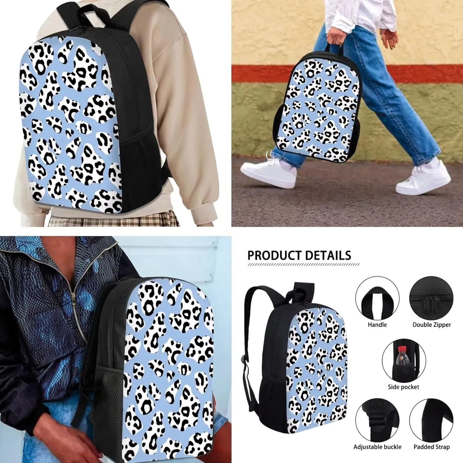 Mumeson Cow Backpack Bookbag Set Back to School Supplies 3 Pieces Set 17 Inch Kids Backpack Large Capacity Daypack Set with Portable Lightweight Lunch Bag,Pencil Case Bag