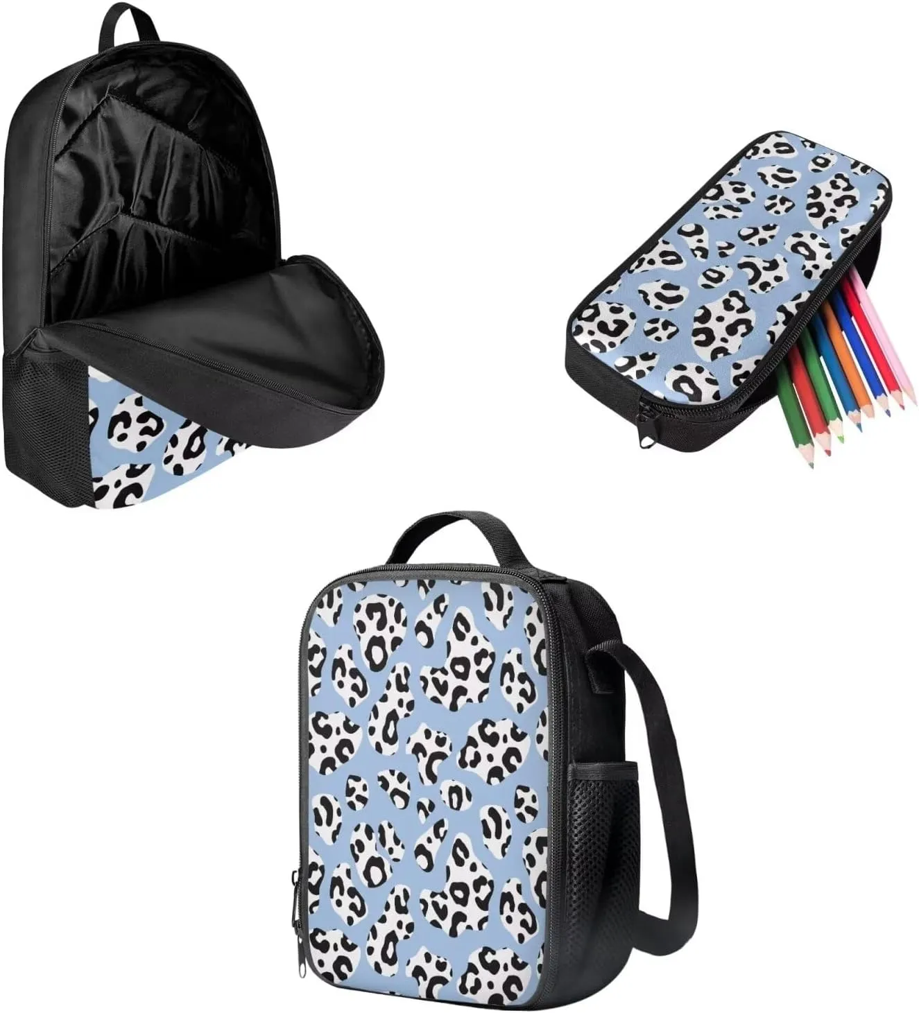 Mumeson Cow Backpack Bookbag Set Back to School Supplies 3 Pieces Set 17 Inch Kids Backpack Large Capacity Daypack Set with Portable Lightweight Lunch Bag,Pencil Case Bag
