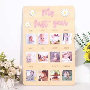 My First Year Photo Board - Floral Wooden Milestone Frame for Baby's 1st Birthday, Daisy 12 Month Picture Frame for Boys & Girls,Monthly Milestone Keepsake