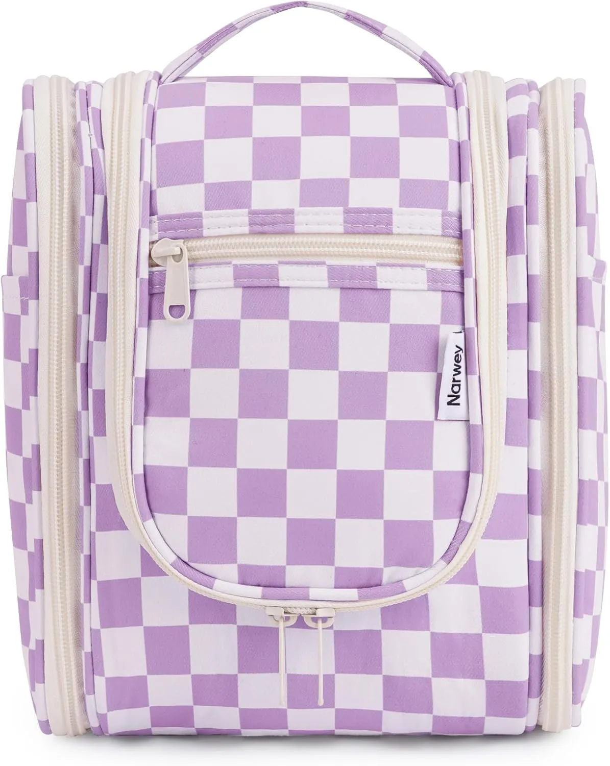 Narwey Small Checked Hanging Travel Toiletry Bag for Women, Travel Bag for Toiletries, Makeup Bag Organizer Cosmetic Bags Make Up Bags for Women (Purple Checkerboard)