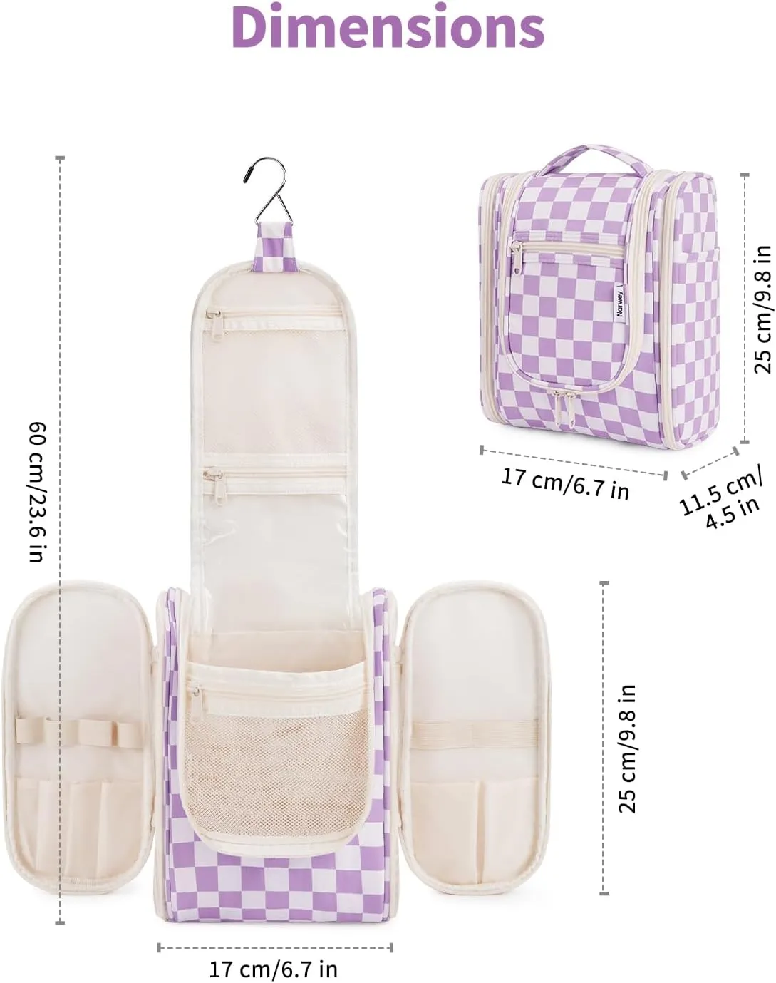 Narwey Small Checked Hanging Travel Toiletry Bag for Women, Travel Bag for Toiletries, Makeup Bag Organizer Cosmetic Bags Make Up Bags for Women (Purple Checkerboard)
