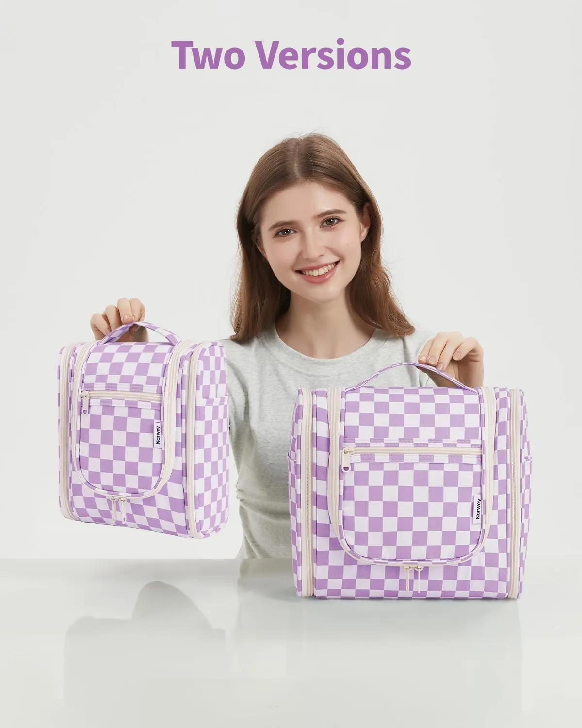 Narwey Small Checked Hanging Travel Toiletry Bag for Women, Travel Bag for Toiletries, Makeup Bag Organizer Cosmetic Bags Make Up Bags for Women (Purple Checkerboard)