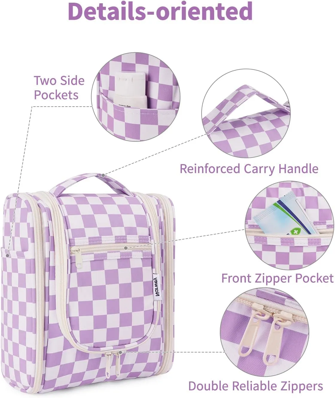 Narwey Small Checked Hanging Travel Toiletry Bag for Women, Travel Bag for Toiletries, Makeup Bag Organizer Cosmetic Bags Make Up Bags for Women (Purple Checkerboard)