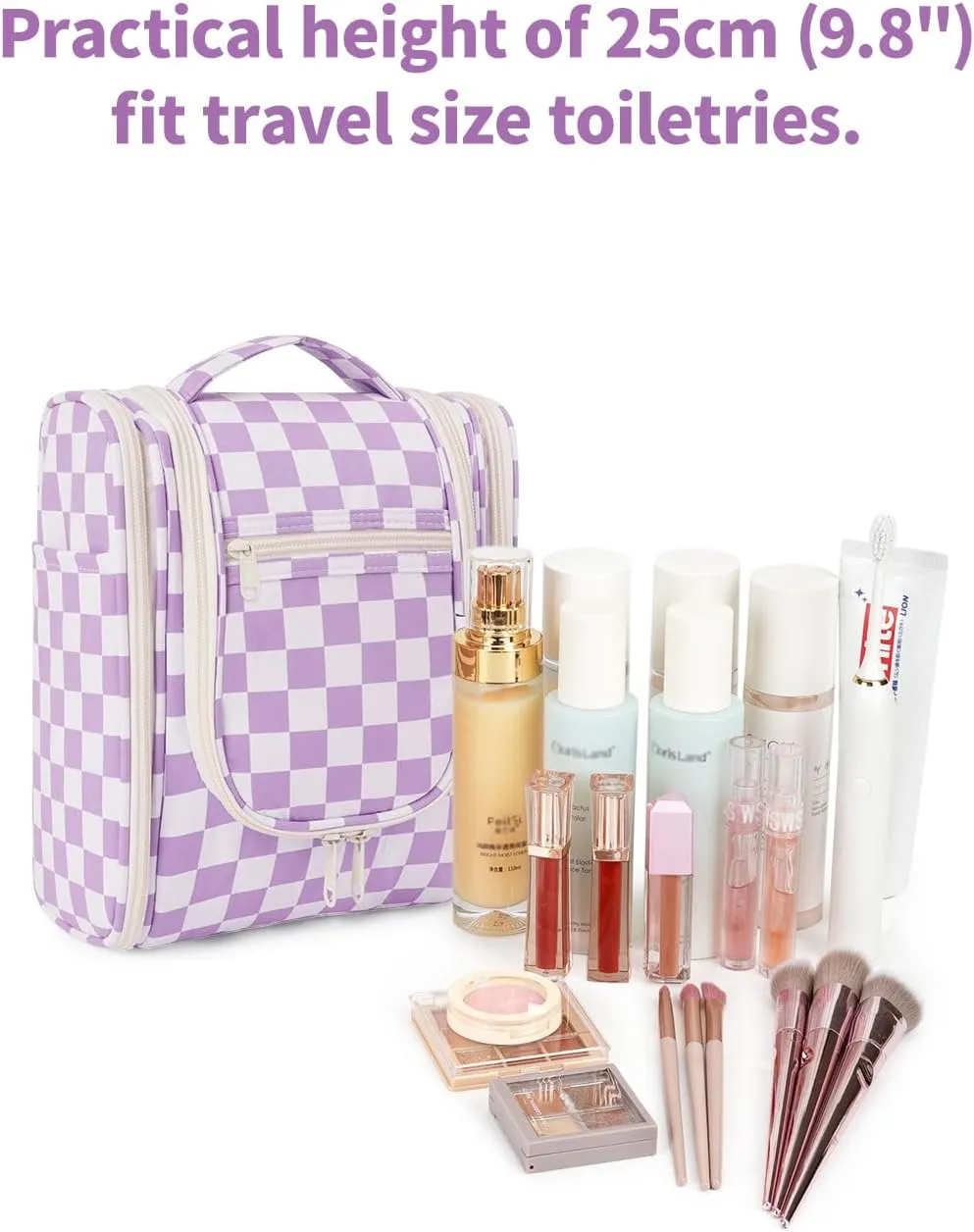 Narwey Small Checked Hanging Travel Toiletry Bag for Women, Travel Bag for Toiletries, Makeup Bag Organizer Cosmetic Bags Make Up Bags for Women (Purple Checkerboard)