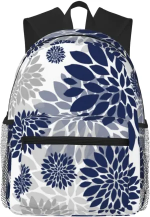 Navy Blue Gray Flower Pattern Lightweight Packable Backpack Travel Casual Hiking Daypack Foldable Backpack For Men Women