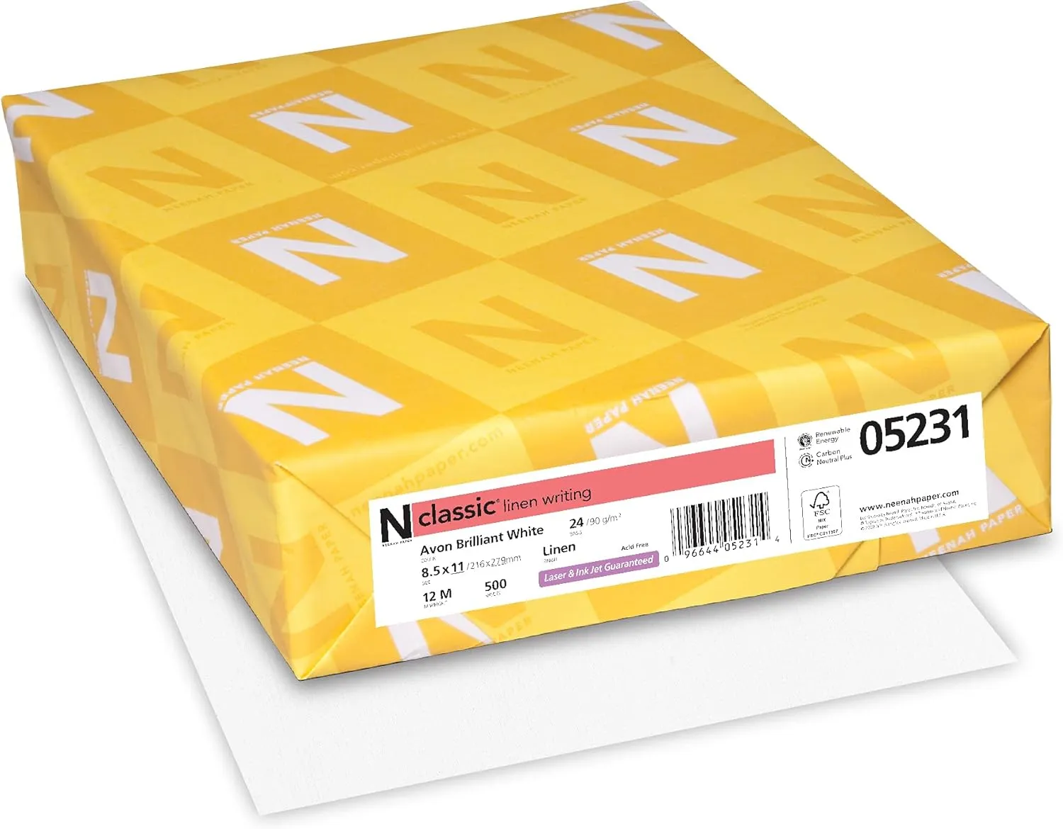 Neenah Classic Crest Paper, 8.5" x 11", 24 lb, Linen Finish, Avon Brilliant White, 500 Sheets (05231)