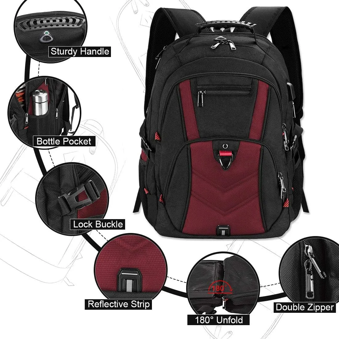 NEWHEY Laptop Backpack 18 Inch Business Travel Backpacks for Men Women Extra Large Waterproof TSA Anti Theft College Bookbags with USB Charging Port 18.4 Gaming Computer Backpack,Deep Red