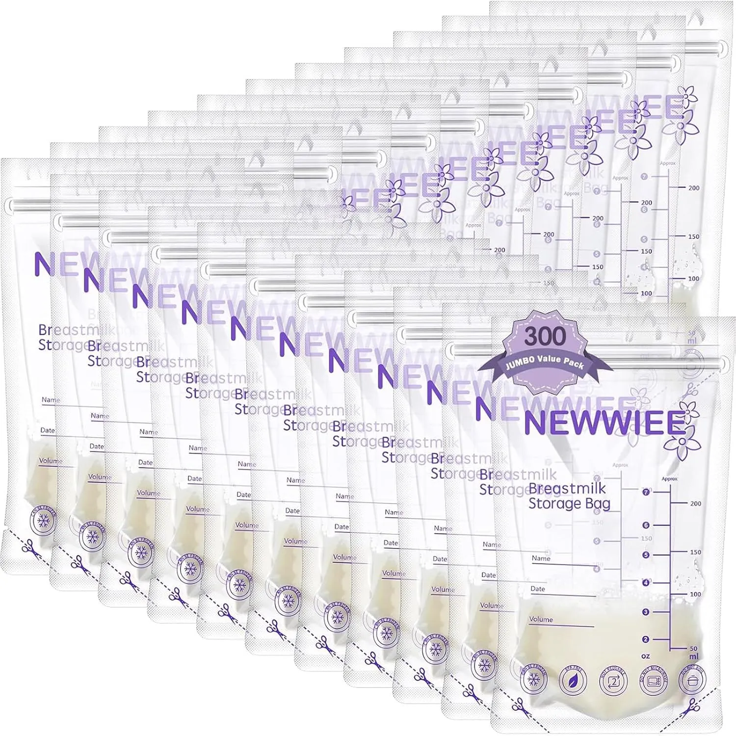 Newwiee 300 Count Breastmilk Storage Bags 8 oz Breast Milk Storing Bags Milk Storage Bags for Breastfeeding with Pour Double Seal Self Spout Standing Breastmilk Storing Bags(Purple)