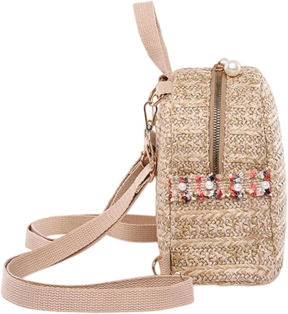 NOLITOY Pearl Backpack Travel Backpack Mini Leisure Bag for Lady Straw Weaving Multi-shoulder Carry
