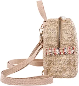 NOLITOY Pearl Backpack Travel Backpack Mini Leisure Bag for Lady Straw Weaving Multi-shoulder Carry