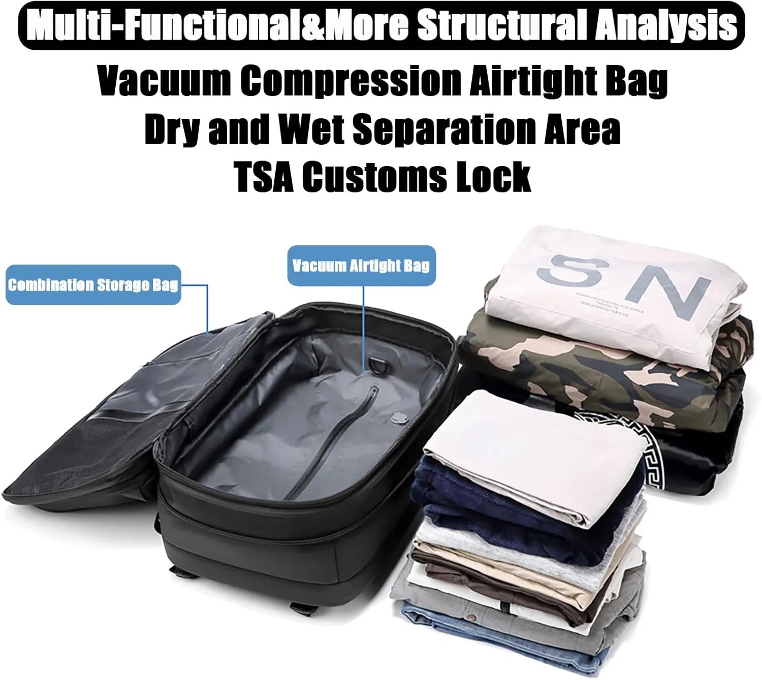 NUXMAW Vacpack Backpack, 60L Expandable Air Vacuum Backpack for Travel with Pump for Compression, Waterproof and Anti-Theft Laptop Backpack for Hiking, Business (Black, No Air Pump)