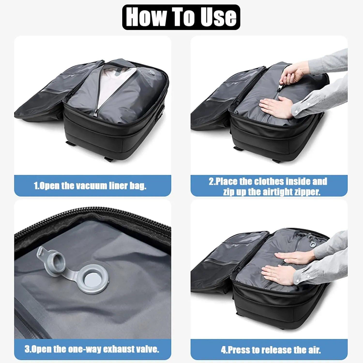NUXMAW Vacpack Backpack, 60L Expandable Air Vacuum Backpack for Travel with Pump for Compression, Waterproof and Anti-Theft Laptop Backpack for Hiking, Business (Black, No Air Pump)