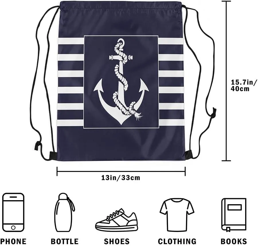 Ocean Anchor Drawstring Backpack 13"x16" Nautical Theme Modern Simple Style Gym Sports Cinch Bag Sackpack for Women Men Patchwork Geometric Plaid Stripes Drawstring Bag for Yoga