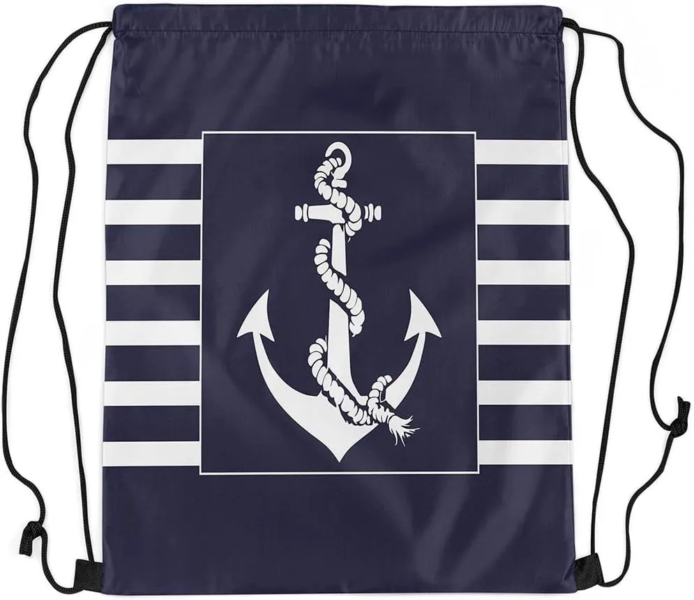 Ocean Anchor Drawstring Backpack 13"x16" Nautical Theme Modern Simple Style Gym Sports Cinch Bag Sackpack for Women Men Patchwork Geometric Plaid Stripes Drawstring Bag for Yoga