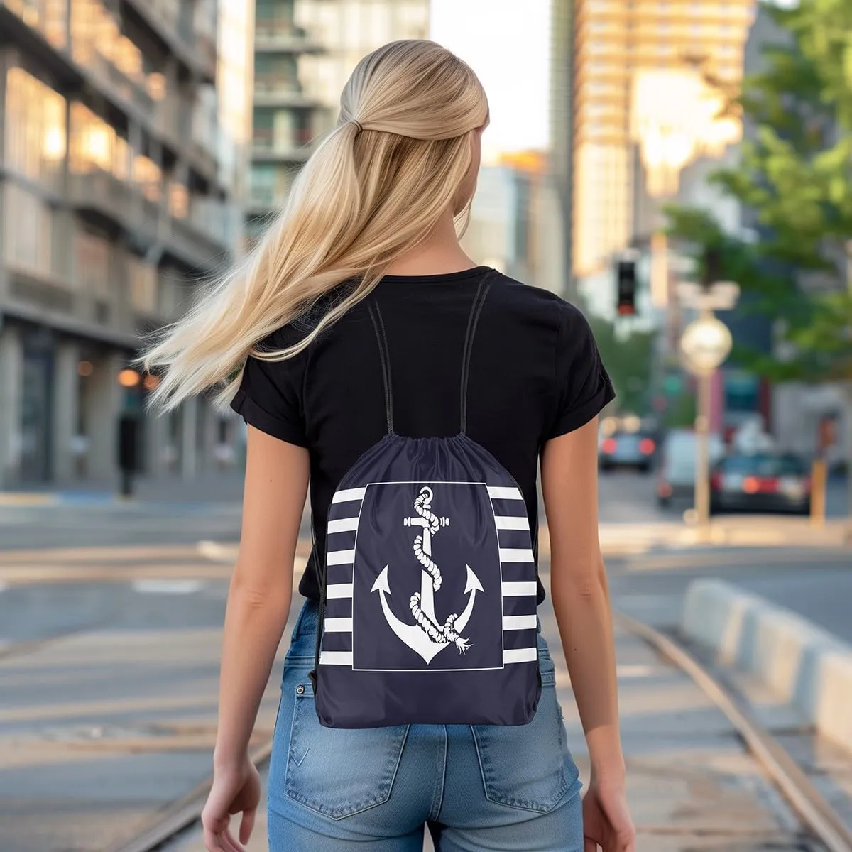 Ocean Anchor Drawstring Backpack 13"x16" Nautical Theme Modern Simple Style Gym Sports Cinch Bag Sackpack for Women Men Patchwork Geometric Plaid Stripes Drawstring Bag for Yoga