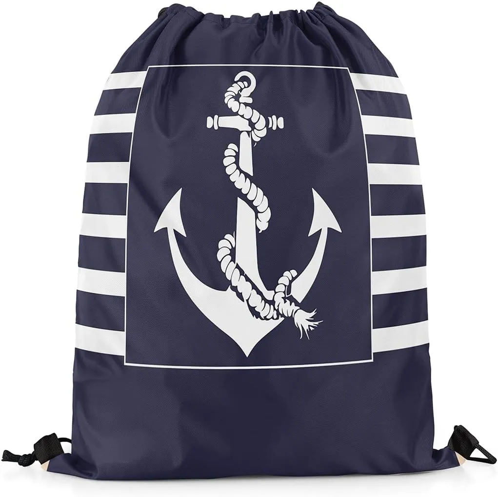 Ocean Anchor Drawstring Backpack 13"x16" Nautical Theme Modern Simple Style Gym Sports Cinch Bag Sackpack for Women Men Patchwork Geometric Plaid Stripes Drawstring Bag for Yoga