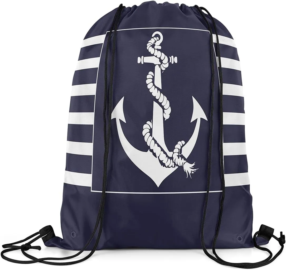 Ocean Anchor Drawstring Backpack 13"x16" Nautical Theme Modern Simple Style Gym Sports Cinch Bag Sackpack for Women Men Patchwork Geometric Plaid Stripes Drawstring Bag for Yoga