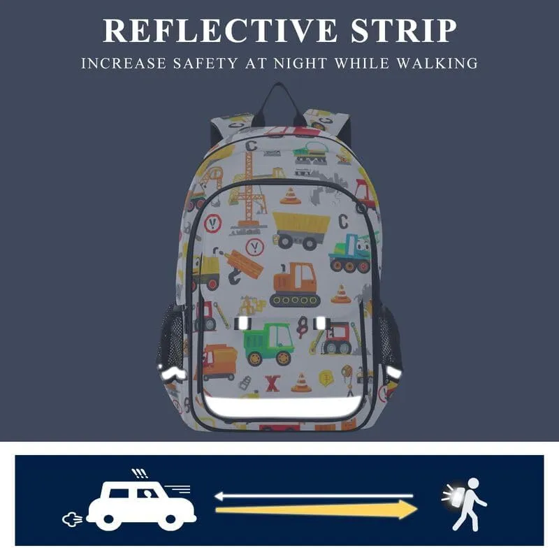 ODAWA Cartoon Construction Vehicles Bakcpack Daypack with Compartment & Multiple Pockets Kids Backpack Ages 6-12, 17 Inch