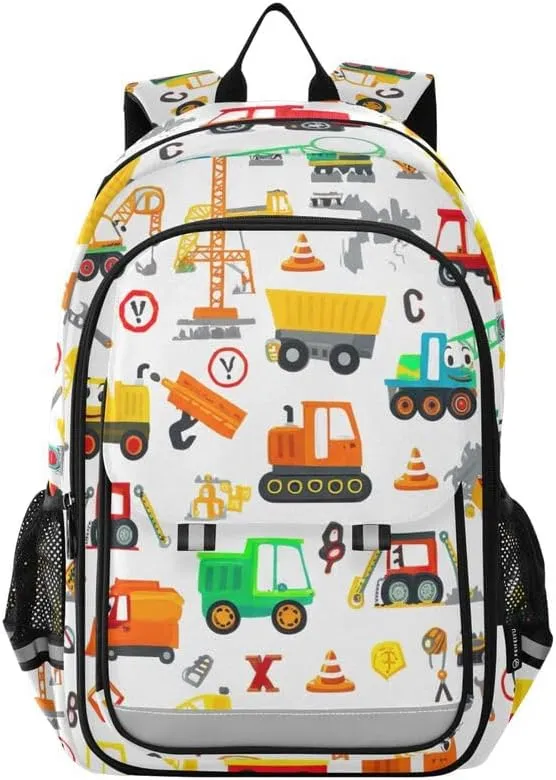 ODAWA Cartoon Construction Vehicles Bakcpack Daypack with Compartment & Multiple Pockets Kids Backpack Ages 6-12, 17 Inch