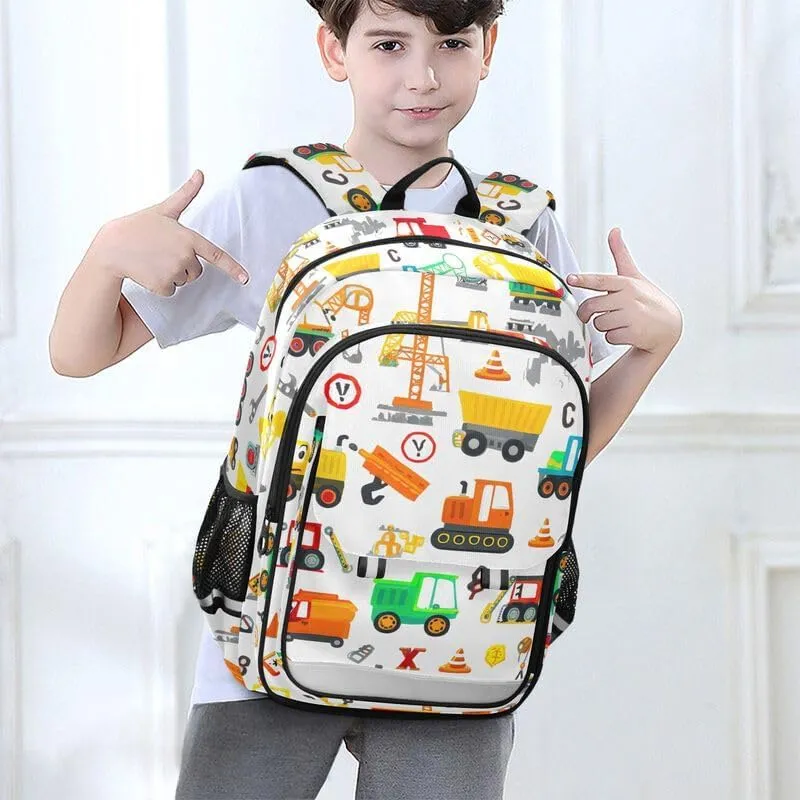 ODAWA Cartoon Construction Vehicles Bakcpack Daypack with Compartment & Multiple Pockets Kids Backpack Ages 6-12, 17 Inch