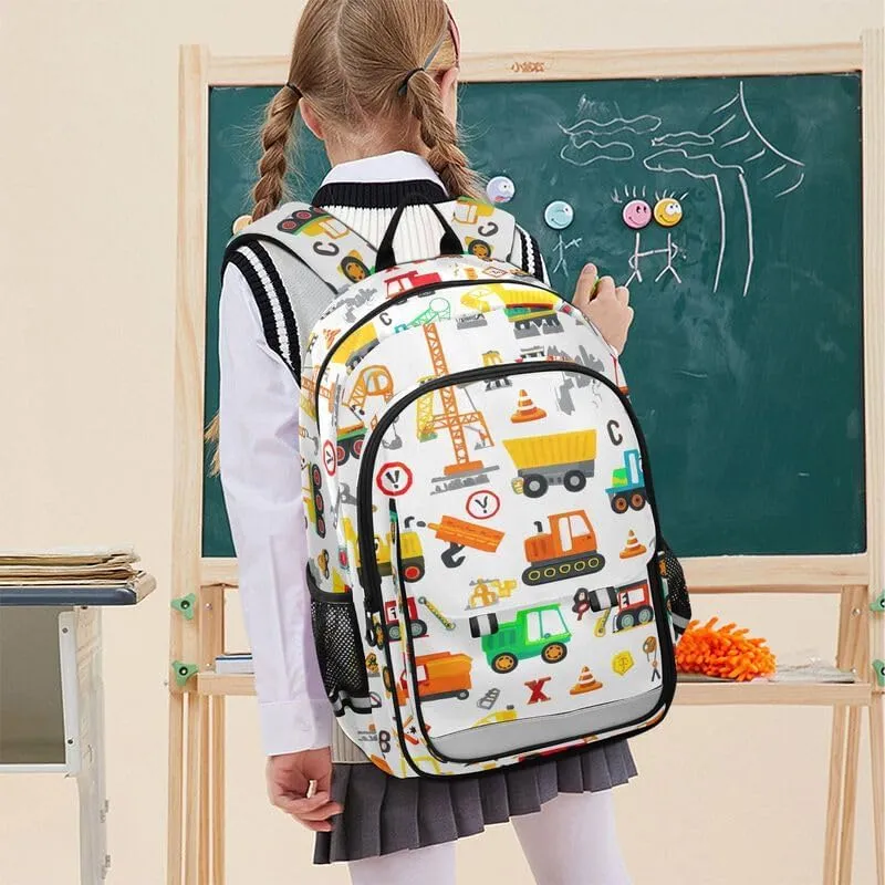 ODAWA Cartoon Construction Vehicles Bakcpack Daypack with Compartment & Multiple Pockets Kids Backpack Ages 6-12, 17 Inch
