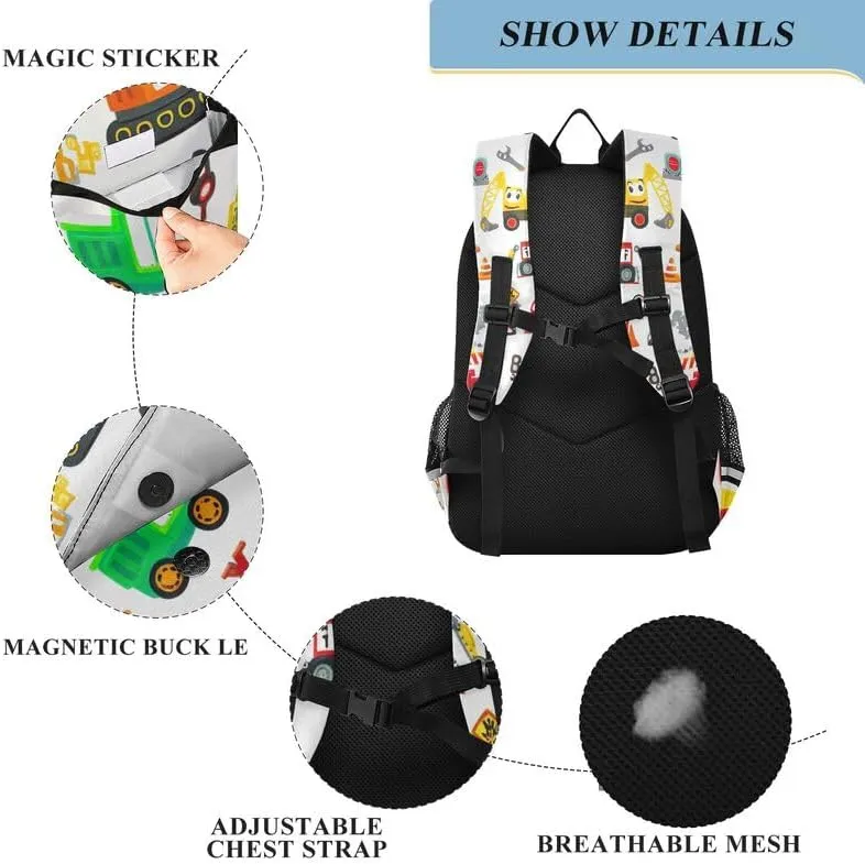 ODAWA Cartoon Construction Vehicles Bakcpack Daypack with Compartment & Multiple Pockets Kids Backpack Ages 6-12, 17 Inch