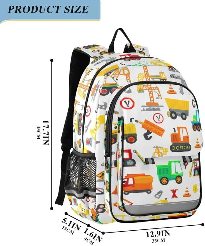 ODAWA Cartoon Construction Vehicles Bakcpack Daypack with Compartment & Multiple Pockets Kids Backpack Ages 6-12, 17 Inch