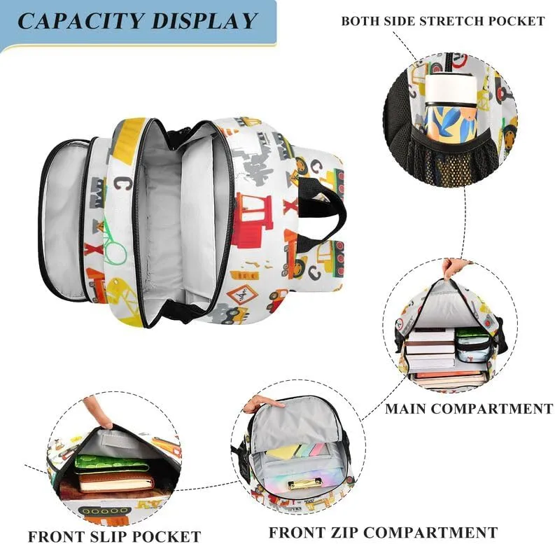 ODAWA Cartoon Construction Vehicles Bakcpack Daypack with Compartment & Multiple Pockets Kids Backpack Ages 6-12, 17 Inch