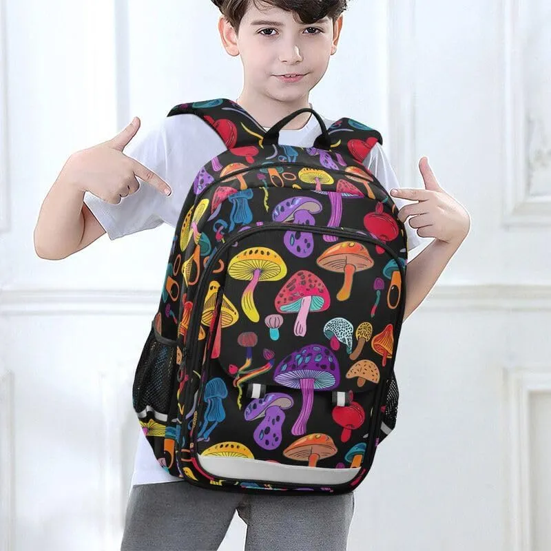 ODAWA Colorful Mushrooms Black Bakcpack Preschool Elementary Kindergarten School Bag Girls Boys Backpack, 17 Inch