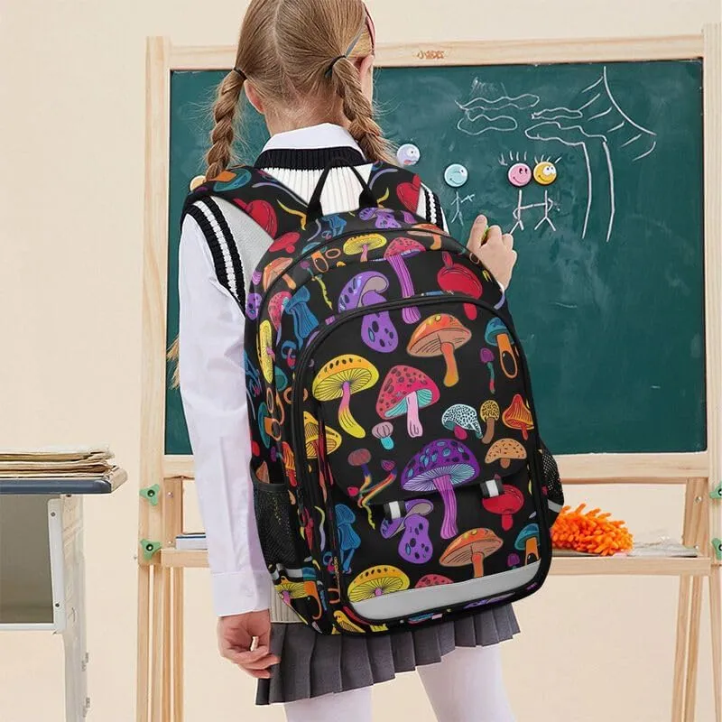 ODAWA Colorful Mushrooms Black Bakcpack Preschool Elementary Kindergarten School Bag Girls Boys Backpack, 17 Inch