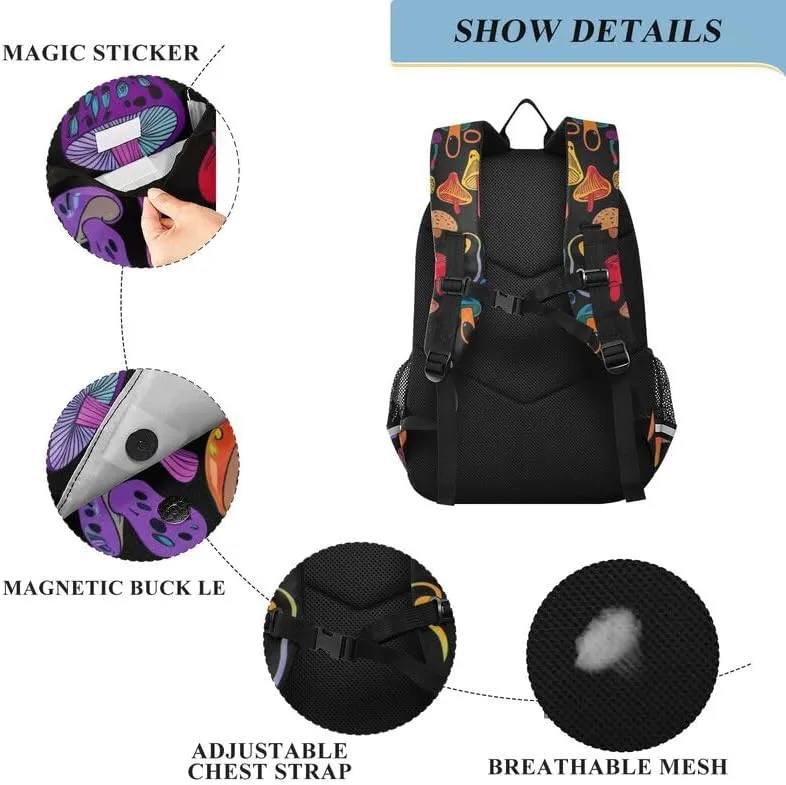 ODAWA Colorful Mushrooms Black Bakcpack Preschool Elementary Kindergarten School Bag Girls Boys Backpack, 17 Inch