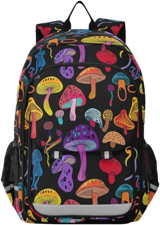 ODAWA Colorful Mushrooms Black Bakcpack Preschool Elementary Kindergarten School Bag Girls Boys Backpack, 17 Inch