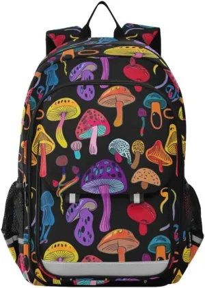 ODAWA Colorful Mushrooms Black Bakcpack Preschool Elementary Kindergarten School Bag Girls Boys Backpack, 17 Inch