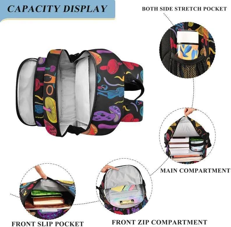 ODAWA Colorful Mushrooms Black Bakcpack Preschool Elementary Kindergarten School Bag Girls Boys Backpack, 17 Inch
