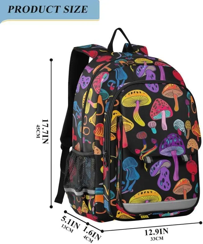 ODAWA Colorful Mushrooms Black Bakcpack Preschool Elementary Kindergarten School Bag Girls Boys Backpack, 17 Inch