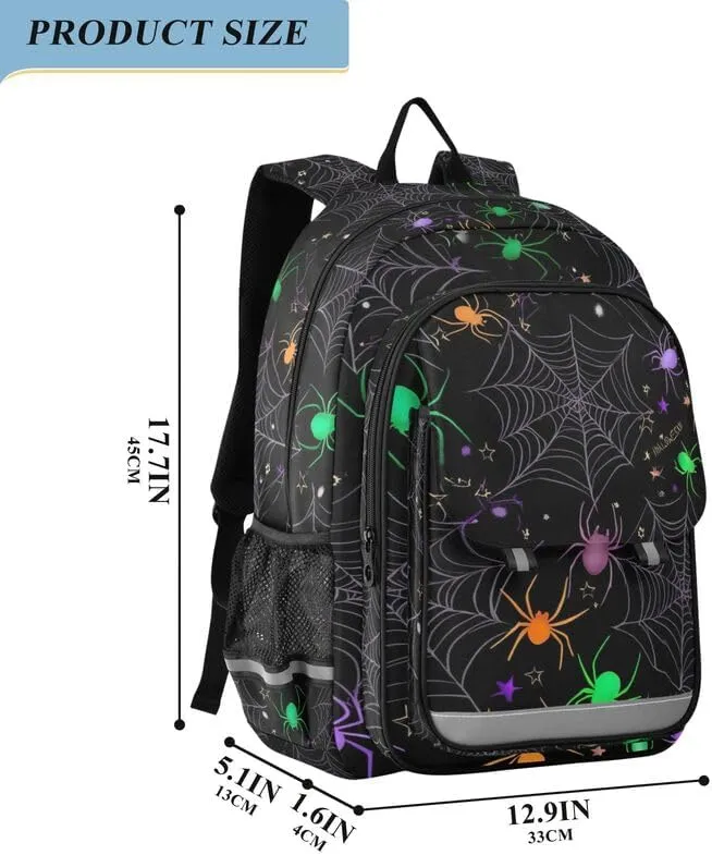 ODAWA Colorful Spiders Green Kids School Bag Casual Daypack for Travel with Bottle Side Pockets Kids Backpack Ages 6-12
