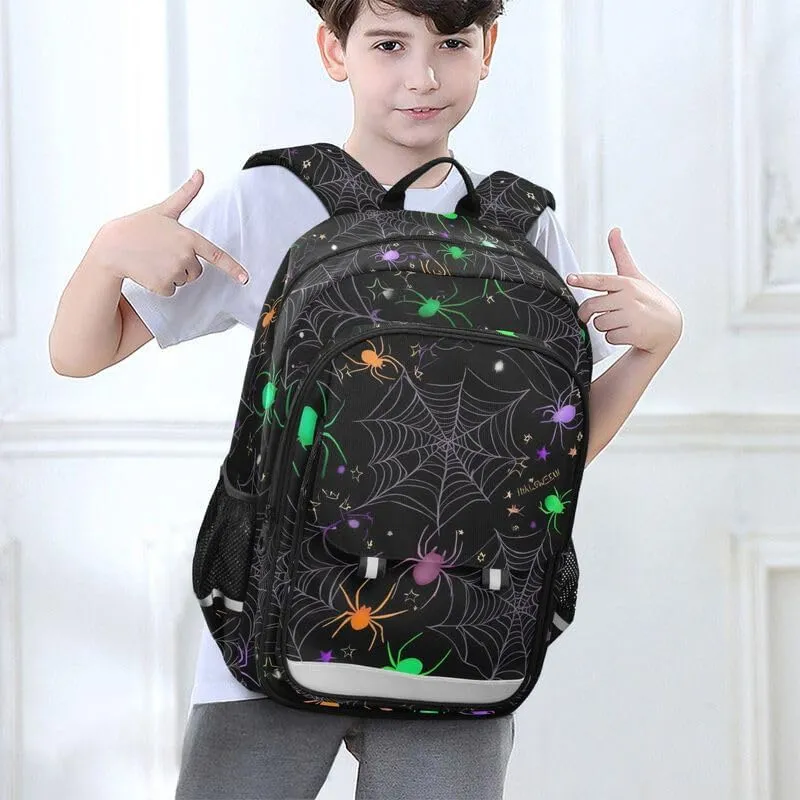 ODAWA Colorful Spiders Green Kids School Bag Casual Daypack for Travel with Bottle Side Pockets Kids Backpack Ages 6-12