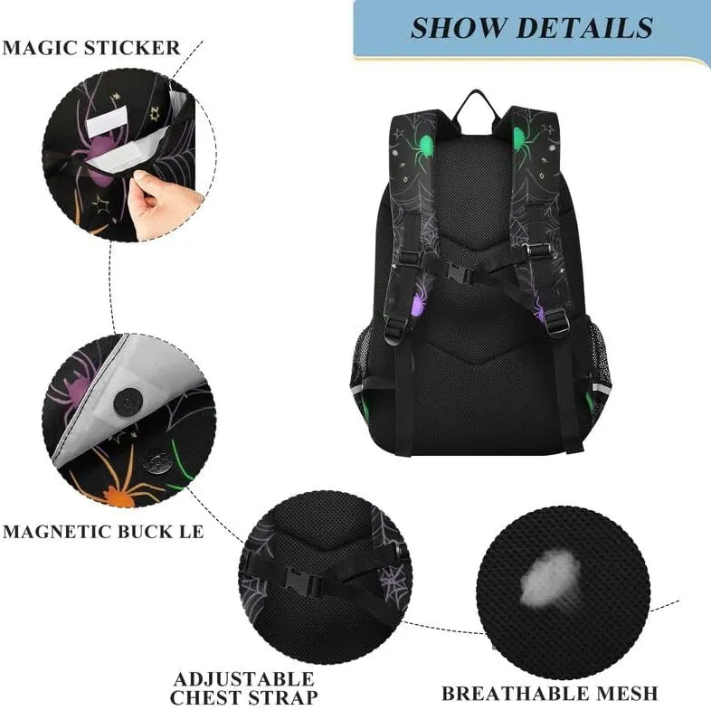 ODAWA Colorful Spiders Green Kids School Bag Casual Daypack for Travel with Bottle Side Pockets Kids Backpack Ages 6-12