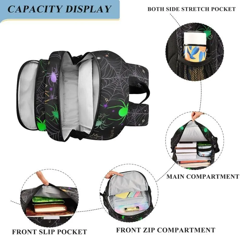 ODAWA Colorful Spiders Green Kids School Bag Casual Daypack for Travel with Bottle Side Pockets Kids Backpack Ages 6-12