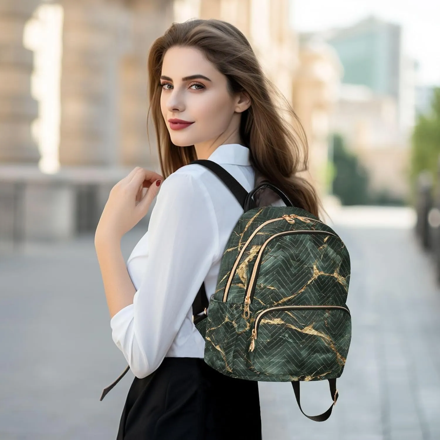 ODAWA Dark Green Gold Marble Womens Fashion Backpack Purse Quilted Backpack Purse for Women