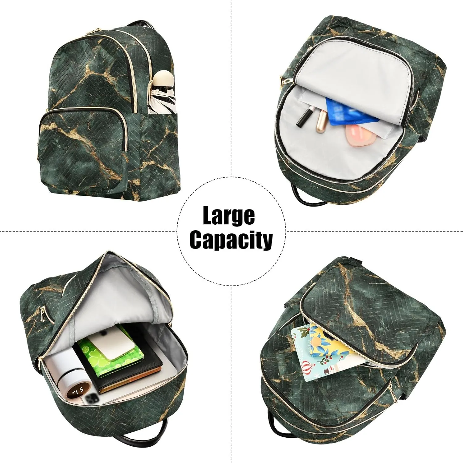 ODAWA Dark Green Gold Marble Womens Fashion Backpack Purse Quilted Backpack Purse for Women