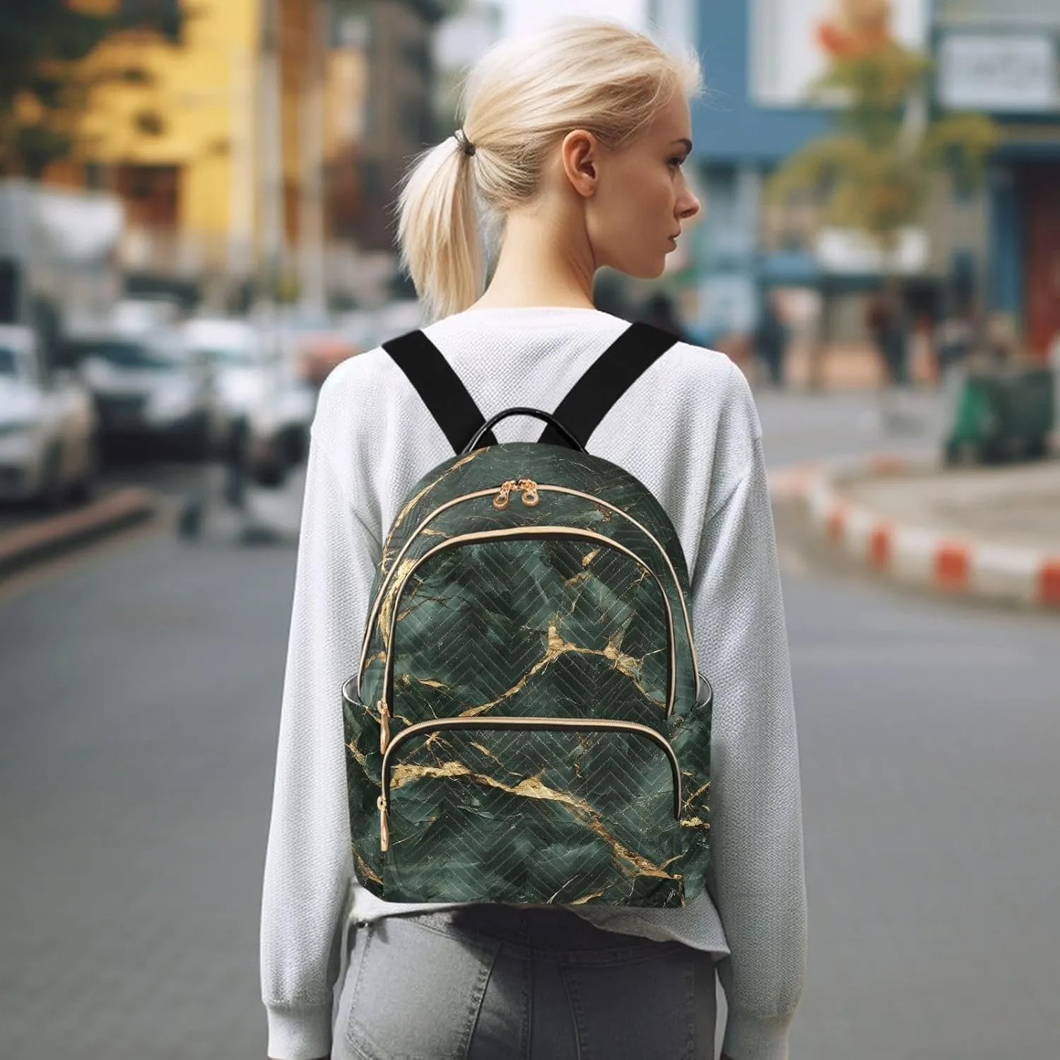 ODAWA Dark Green Gold Marble Womens Fashion Backpack Purse Quilted Backpack Purse for Women