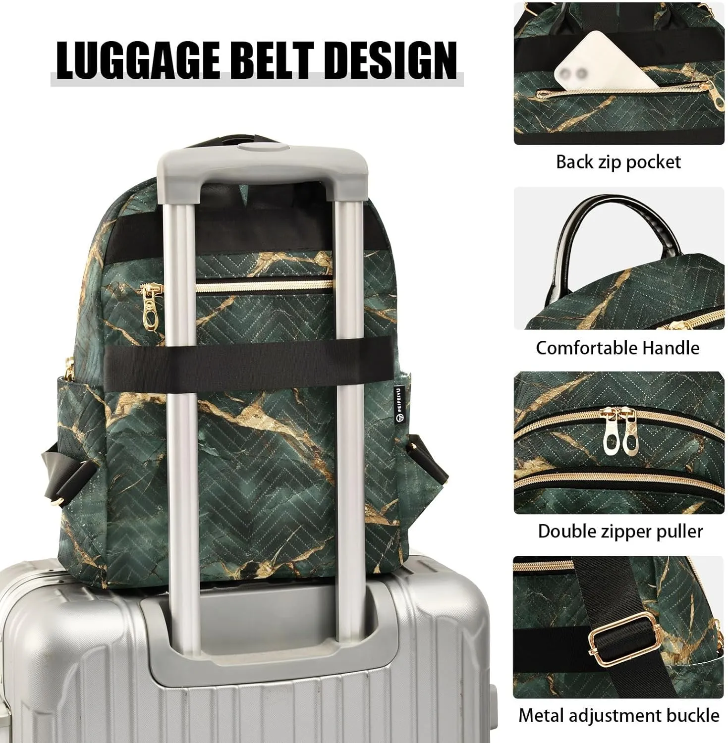 ODAWA Dark Green Gold Marble Womens Fashion Backpack Purse Quilted Backpack Purse for Women