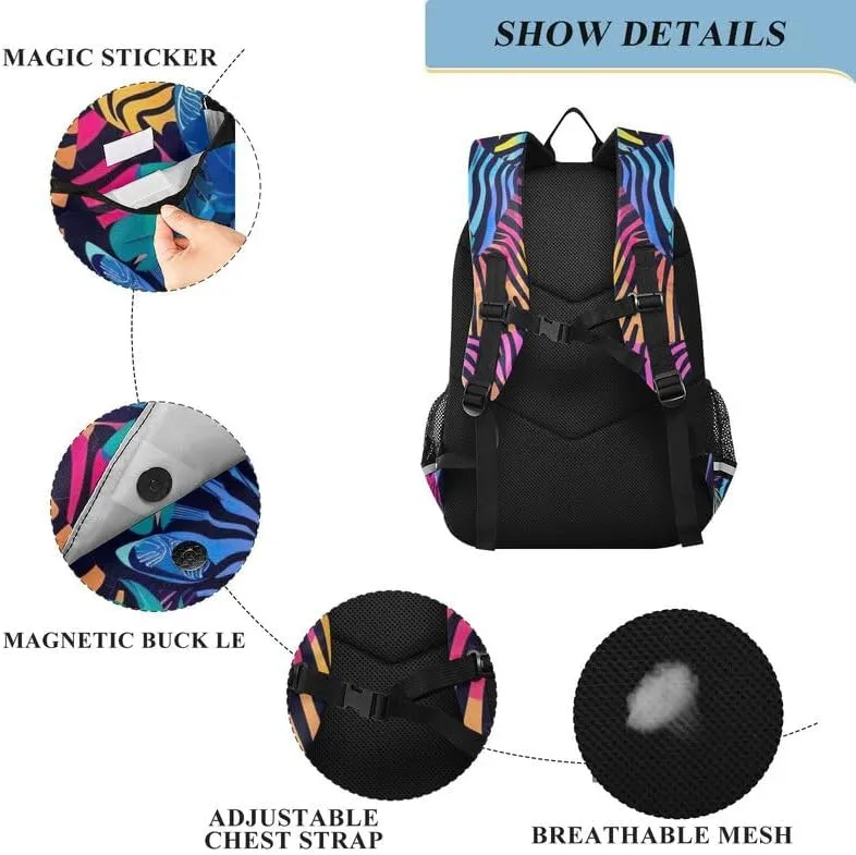 ODAWA Retro Neon Zebra Print Bagpacks Bookbags with Adjustable Padded Straps Kids Backpack Ages 6-12, 17 Inch