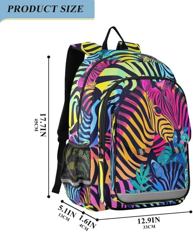 ODAWA Retro Neon Zebra Print Bagpacks Bookbags with Adjustable Padded Straps Kids Backpack Ages 6-12, 17 Inch