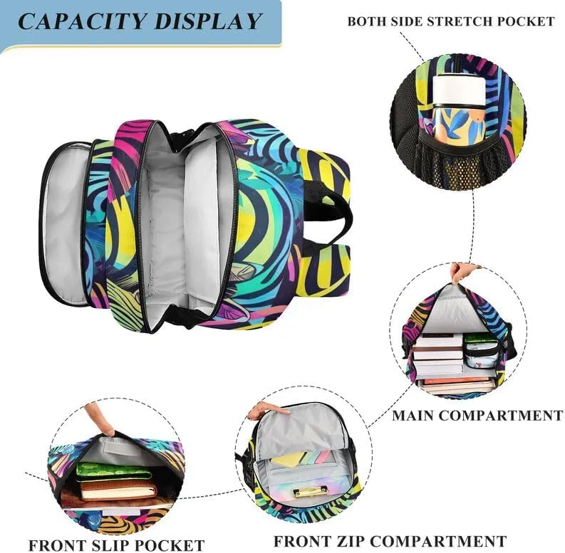 ODAWA Retro Neon Zebra Print Bagpacks Bookbags with Adjustable Padded Straps Kids Backpack Ages 6-12, 17 Inch