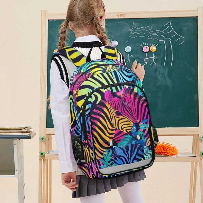 ODAWA Retro Neon Zebra Print Bagpacks Bookbags with Adjustable Padded Straps Kids Backpack Ages 6-12, 17 Inch