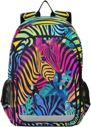 ODAWA Retro Neon Zebra Print Bagpacks Bookbags with Adjustable Padded Straps Kids Backpack Ages 6-12, 17 Inch