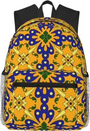 Orange Blue And Yellow Spanish Tile Pattern Lightweight Packable Backpack Travel Casual Hiking Daypack Foldable Backpack For Men Women